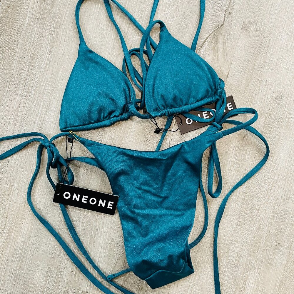 ONEONE Teal String Bikini Set - Teal Triangle Top & Tie-Side Bottom